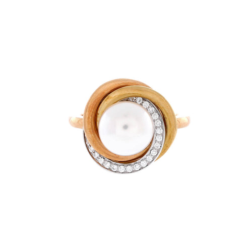 Trinity Pearl Ring 18K Tricolor Gold with Pearl and Diamonds 14mm