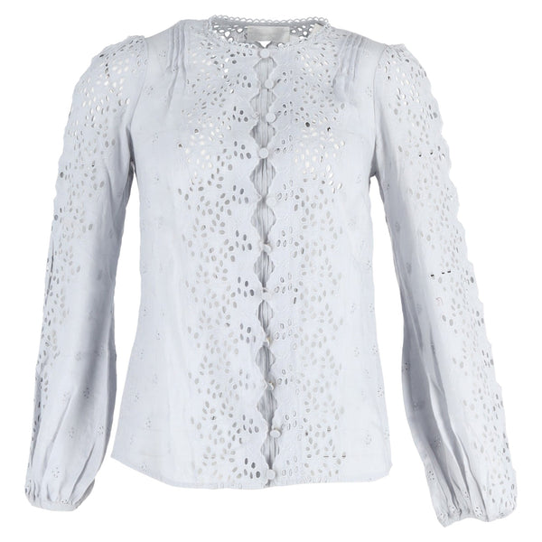 Women's Zimmermann Iris Broderie Anglaise Long Sleeve Top in Light Blue Linen