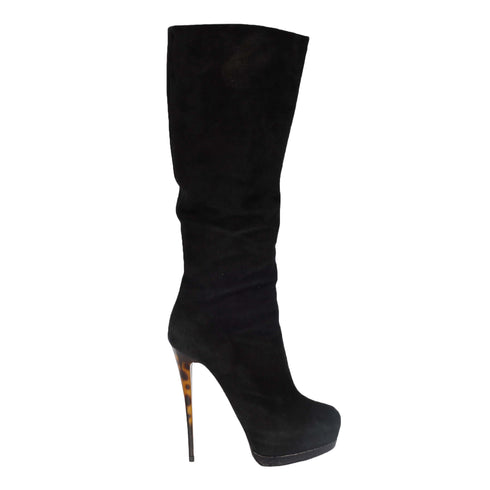 Women's Black Suede Boots with Animal Print Heels - '20s