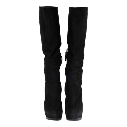 Women's Black Suede Boots with Animal Print Heels - '20s