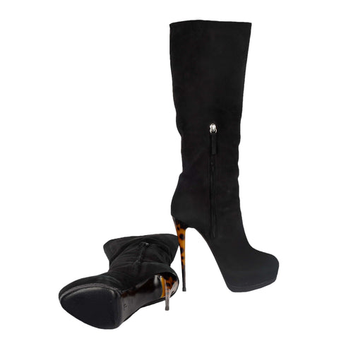 Women's Black Suede Boots with Animal Print Heels - '20s