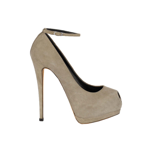Women's Taupe Suede Platform Pumps with Ankle Closure - '20s