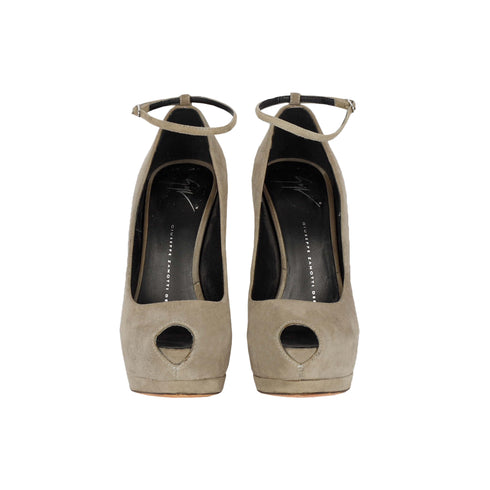 Women's Taupe Suede Platform Pumps with Ankle Closure - '20s