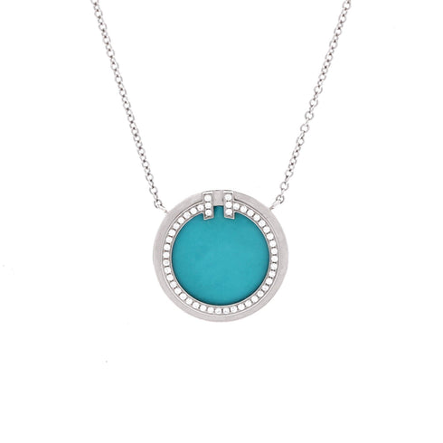 T Circle Pendant Necklace 18K White Gold with Turquoise and Diamonds Large