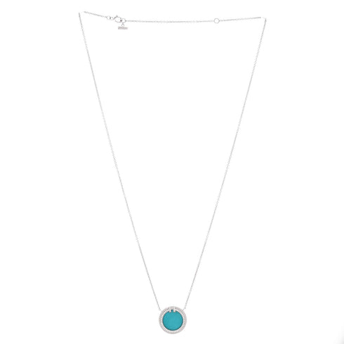 T Circle Pendant Necklace 18K White Gold with Turquoise and Diamonds Large