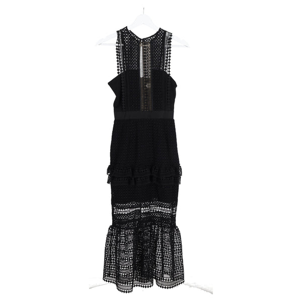 Women's Self-Portrait Laser Cut Midi Frilled Column Dress in Black Polyester
