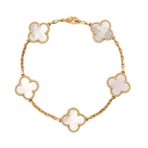 Vintage Alhambra 5 Motifs Bracelet 18K Yellow Gold and Mother of Pearl