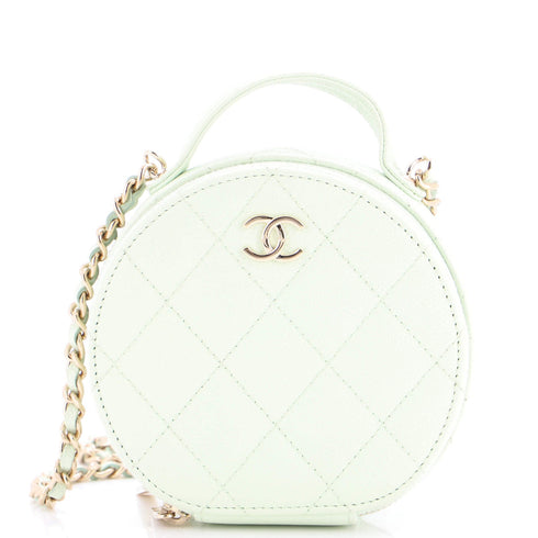 Handle with Care Round Vanity Case with Chain Quilted Caviar Small