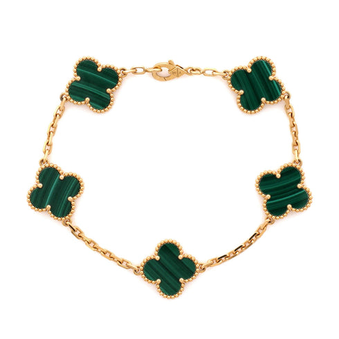 Vintage Alhambra 5 Motifs Bracelet 18K Yellow Gold and Malachite