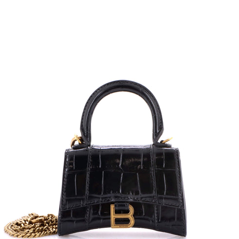 Hourglass Chain Top Handle Bag Crocodile Embossed Leather Mini
