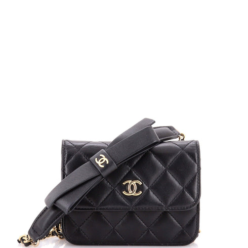 Bow Strap Card Holder on Chain Quilted Lambskin