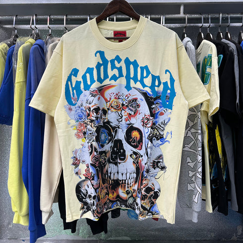Godspeed T-shirts Skull Rose Printed Cotton Casual Short Sleeve Men and Women