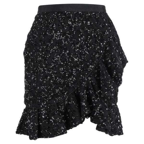 Women's Self-Portrait Sequined Mini Ruffled Skirt in Black Polyester