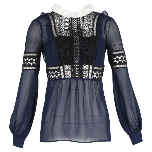 Women's Self-Portrait Lace Detail Long Sleeve Blouse in Navy Blue Polyester