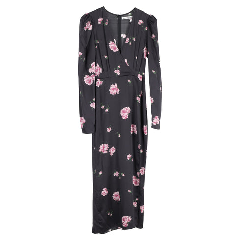 Women's Reformation Floral Print Long Sleeve Midi Dress in Black Silk