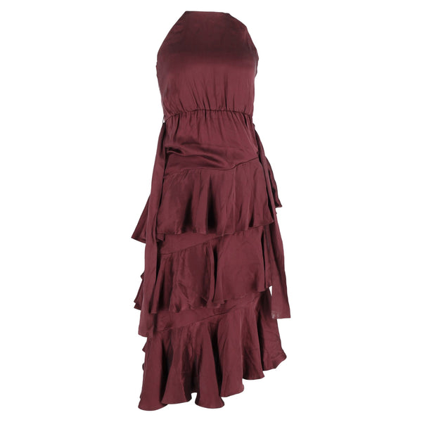Women's Zimmermann Ruffled Midi Halter Neck Dress in Burgundy Silk