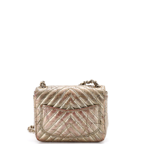 Square Classic Single Flap Bag Chevron Crumpled Metallic Patent Mini