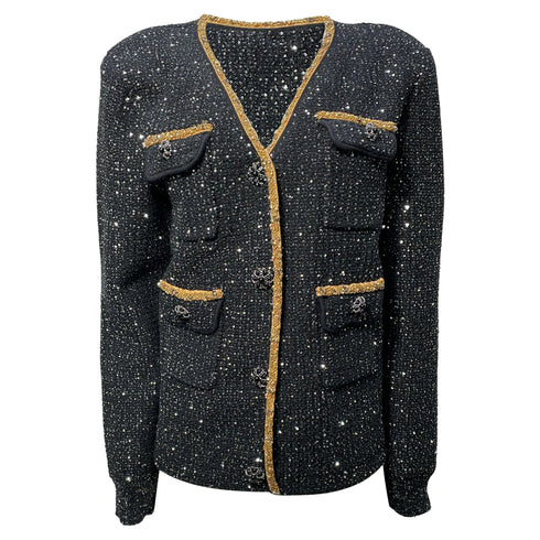 Women's Self-Portrait Embellished Single-Breasted Tweed Jacket in Black Polyester