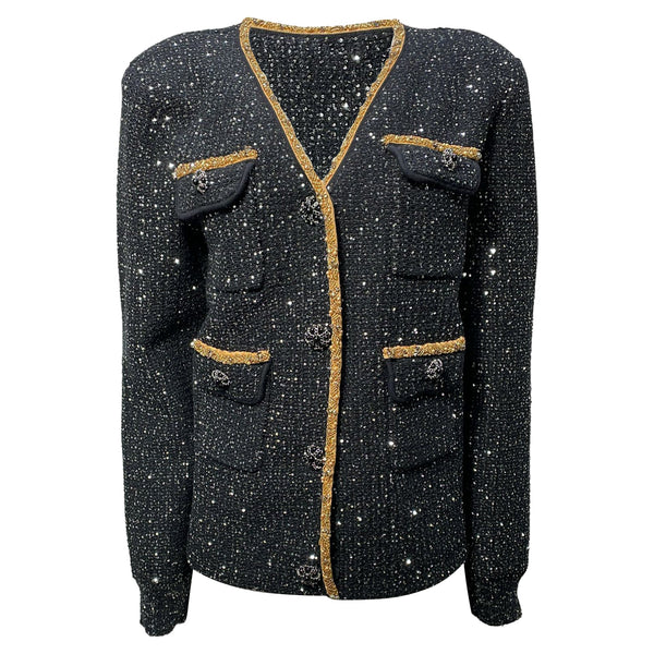 Women's Self-Portrait Embellished Single-Breasted Tweed Jacket in Black Polyester
