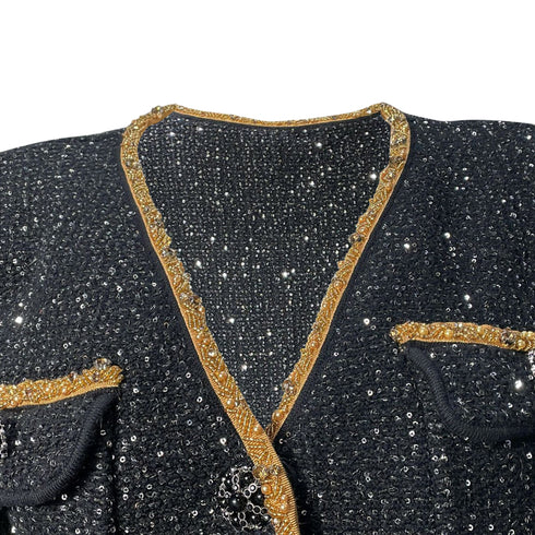 Women's Self-Portrait Embellished Single-Breasted Tweed Jacket in Black Polyester