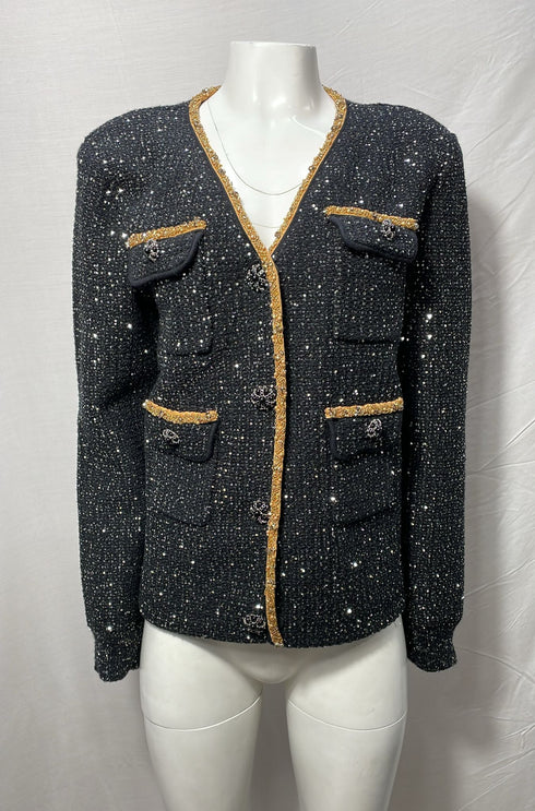 Women's Self-Portrait Embellished Single-Breasted Tweed Jacket in Black Polyester