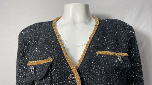 Women's Self-Portrait Embellished Single-Breasted Tweed Jacket in Black Polyester