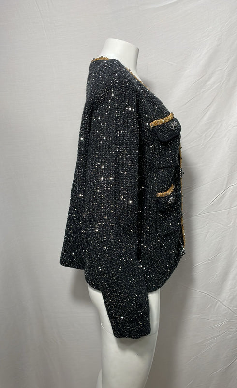 Women's Self-Portrait Embellished Single-Breasted Tweed Jacket in Black Polyester