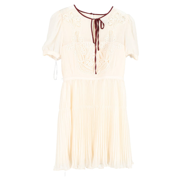 Women's Self-Portrait Pleated Macramé-Trim Mini Dress in White Polyester