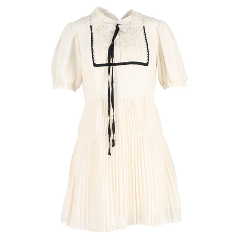 Women's Self-Portrait Pleated Lace-Detail Mini Short Sleeve dress in Cream Polyester
