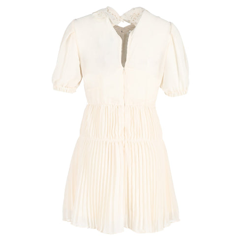 Women's Self-Portrait Pleated Lace-Detail Mini Short Sleeve dress in Cream Polyester