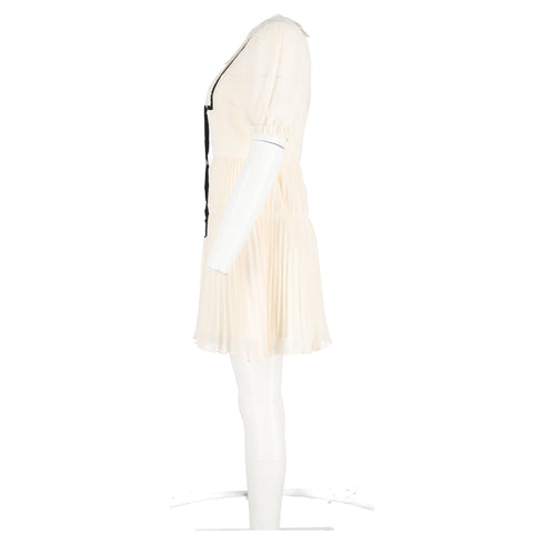 Women's Self-Portrait Pleated Lace-Detail Mini Short Sleeve dress in Cream Polyester