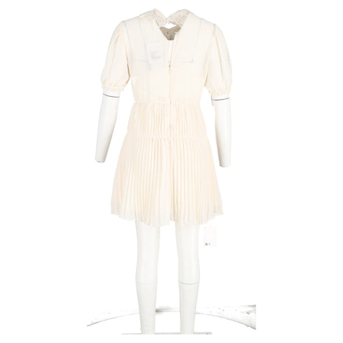 Women's Self-Portrait Pleated Lace-Detail Mini Short Sleeve dress in Cream Polyester