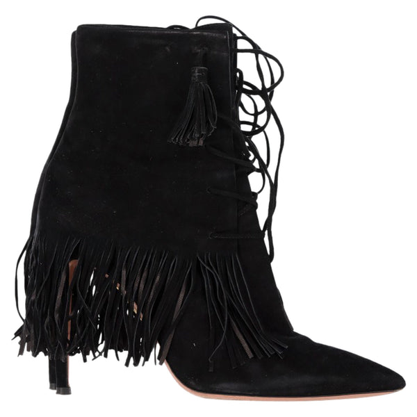 Women's Aquazzura Mustang 105 Fringe Heeled Ankle Boots in Black Suede