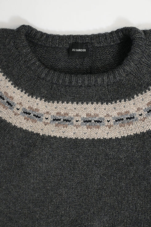 Men's Jil Sander Knitted Chest Pattern Detail Crewneck Sweater in Grey Wool