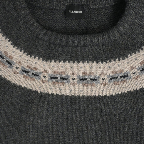 Men's Jil Sander Knitted Chest Pattern Detail Crewneck Sweater in Grey Wool