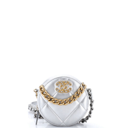19 Round Clutch with Chain Quilted Leather