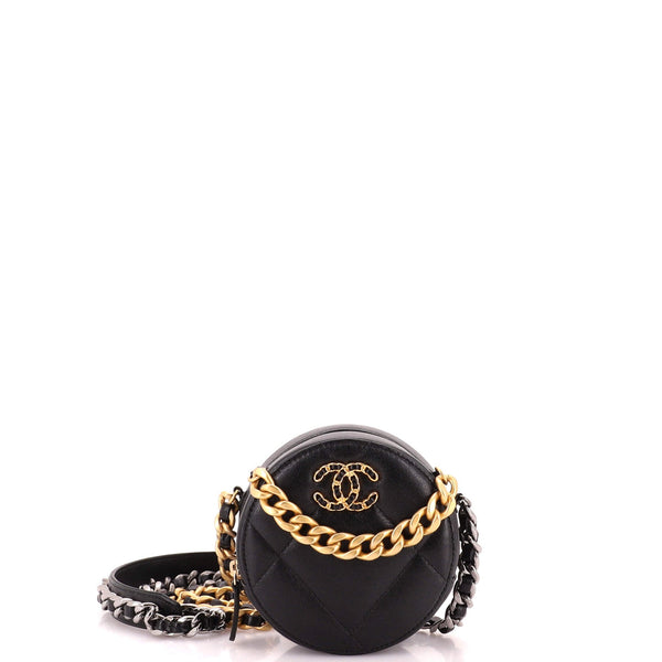 19 Round Clutch with Chain Quilted Leather
