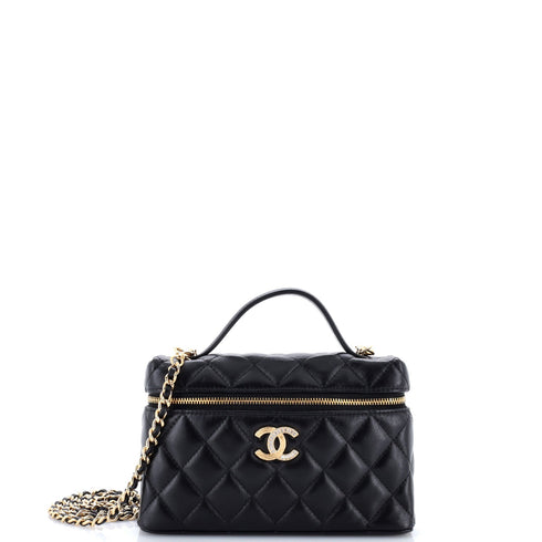 Crystal CC Top Handle Slim Vanity Case with Chain Quilted Lambskin