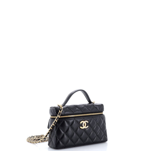 Crystal CC Top Handle Slim Vanity Case with Chain Quilted Lambskin