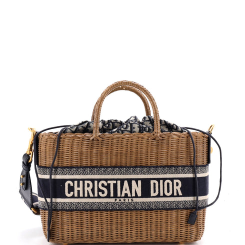 Basket Bag Wicker and Oblique Canvas Large