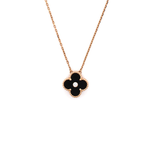 Vintage Alhambra Pendant Necklace 18K Rose Gold and Onyx with Diamond