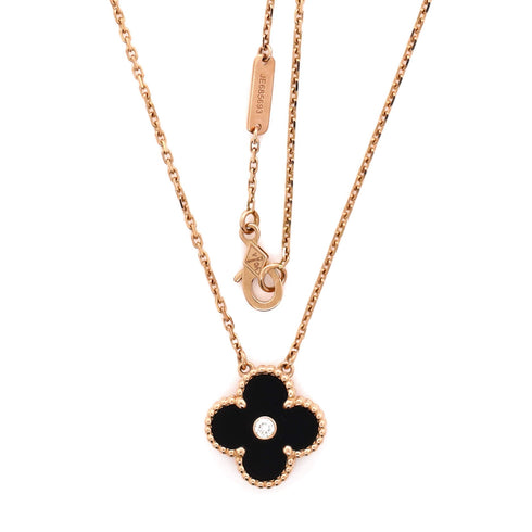 Vintage Alhambra Pendant Necklace 18K Rose Gold and Onyx with Diamond