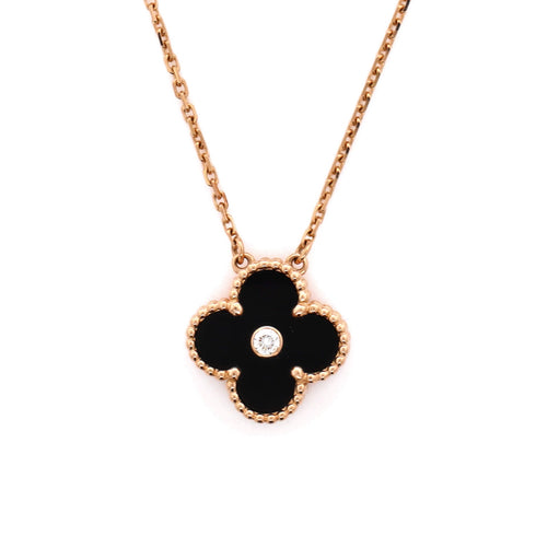 Vintage Alhambra Pendant Necklace 18K Rose Gold and Onyx with Diamond