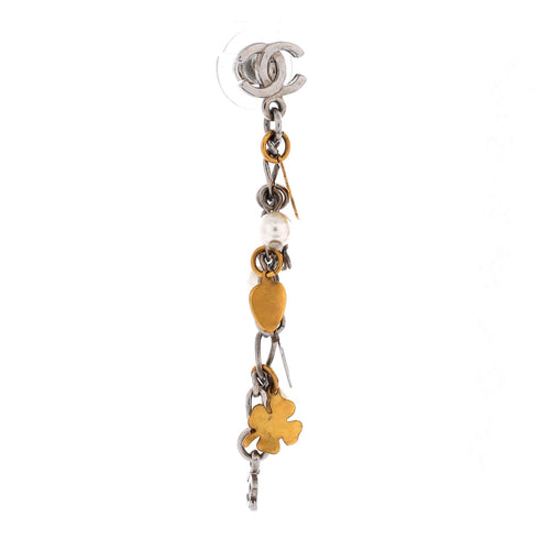 CC Clover and Heart Dangle Earrings Metal and Faux Pearls