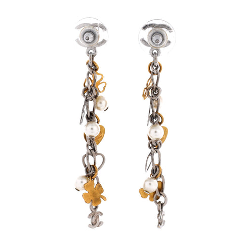 CC Clover and Heart Dangle Earrings Metal and Faux Pearls