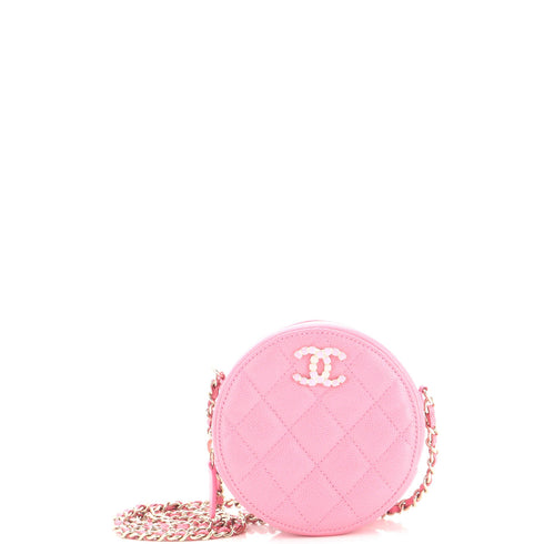 Round Clutch with Chain Quilted Caviar with Lacquered Metal