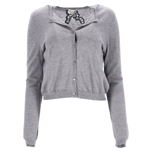Women's RED Valentino Bow-Embellished Cardigan in Grey Wool
