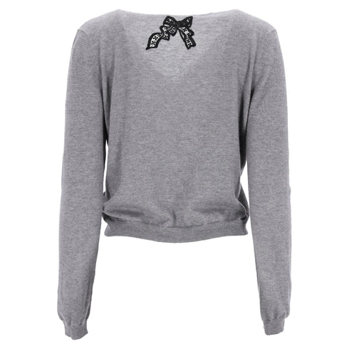 Women's RED Valentino Bow-Embellished Cardigan in Grey Wool