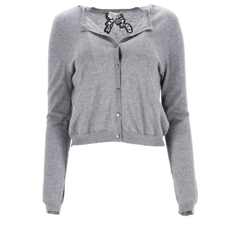 Women's RED Valentino Bow-Embellished Cardigan in Grey Wool