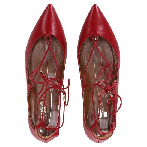 Women's Aquazzura Christhy Lace-Up Ballet Flats in Red Leather